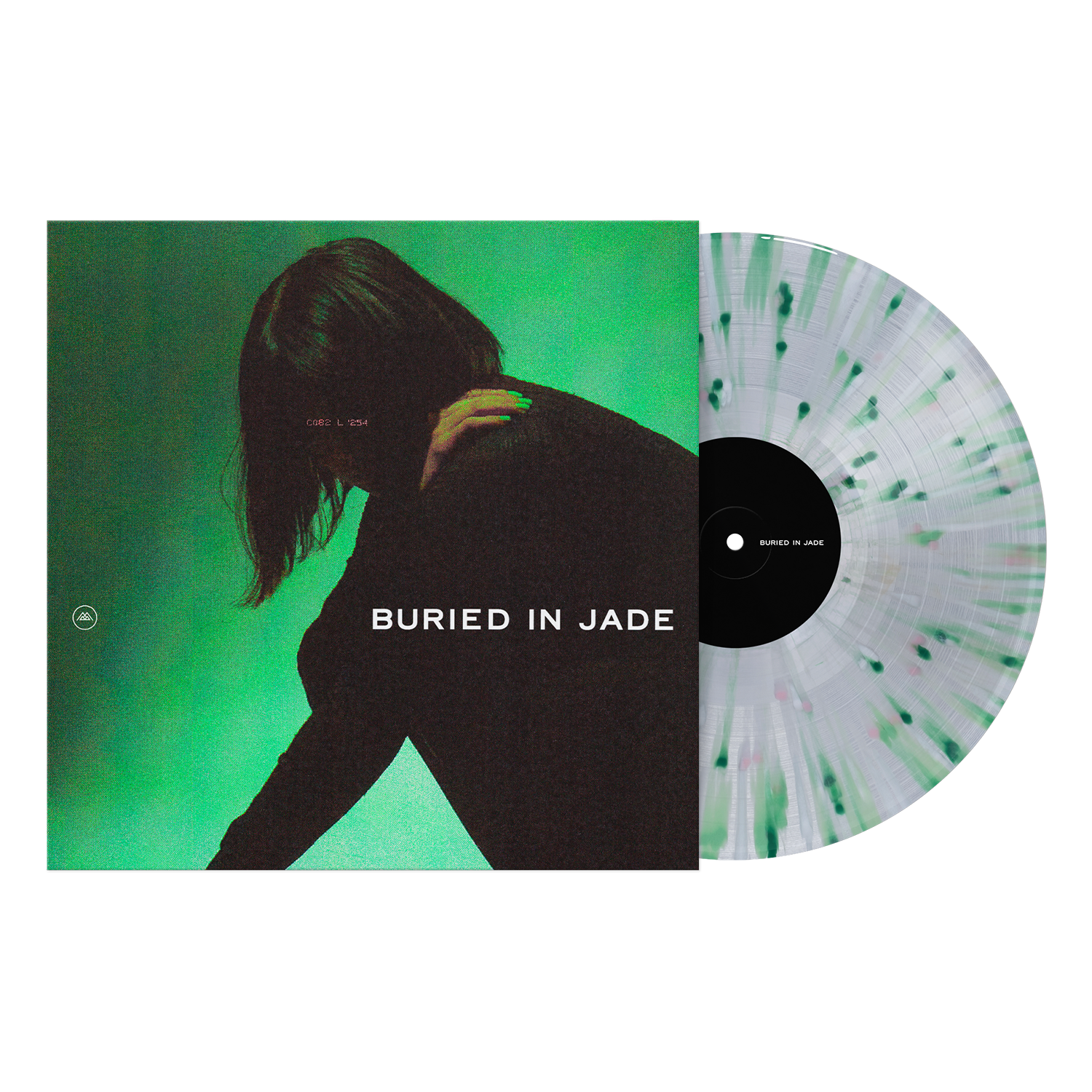 A black and green splatter vinyl LP by Thousand Below rests partly in its cover, featuring a dark-haired figure on a green background with bold BURIED IN JADE text—an essential for any Kerosene collection.