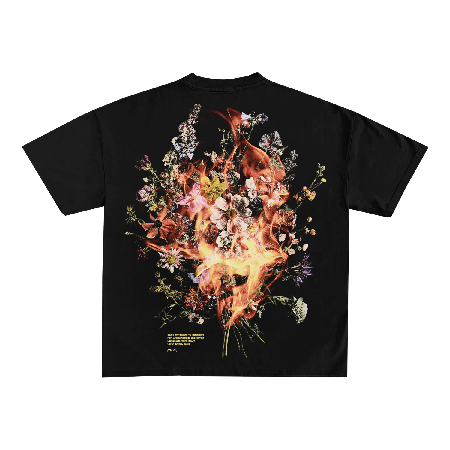 Spiritbox Black T-Shirt featuring a vibrant Burning Floral graphic on the back—assorted flowers with realistic orange flames and small white and yellow text accents near the bottom.