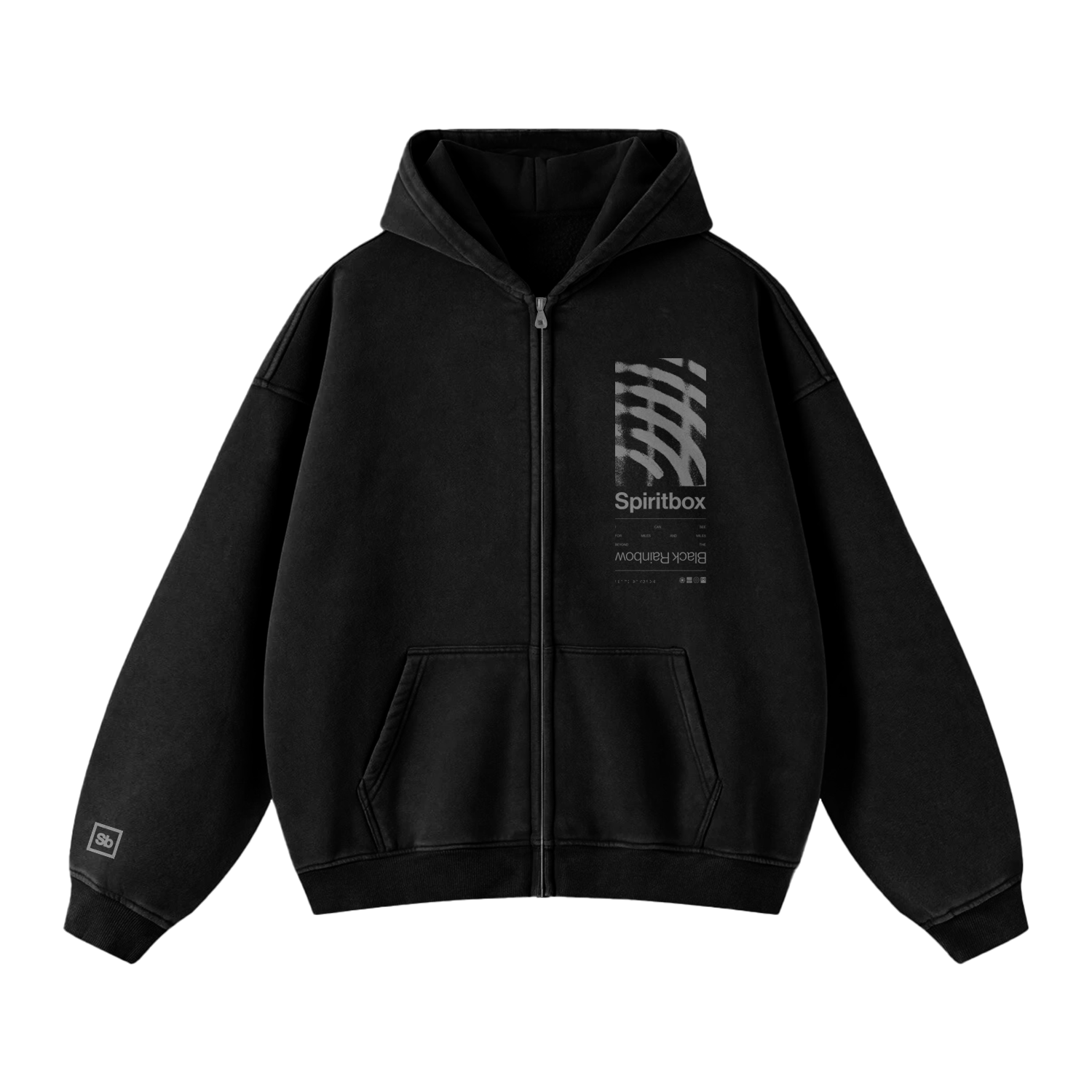 Spiritbox black zip-up sweatshirt with front pockets, gray abstract wave design, "Spiritbox" text, and small left chest print. Features a relaxed fit for comfort and a branded patch on the left sleeve.