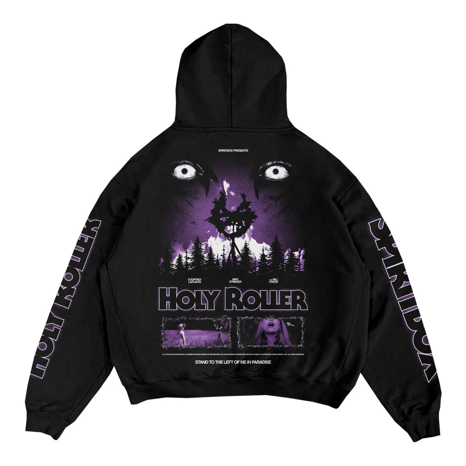 Spiritbox black ring-spun cotton hoodie with purple and white eerie eye, forest, and HOLY ROLLER graphics on the back; SPIRITBOX text along the sleeves. Finished in a horror movie poster style with a fleece-lined hood.