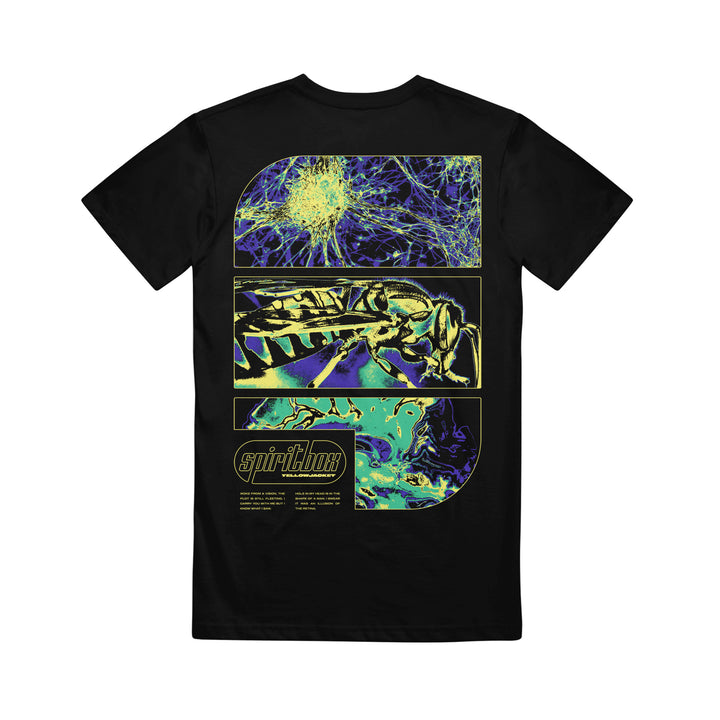 The Spiritbox Black T-Shirt showcases three graphic panels—an abstract neural network, insect close-up, and swirling colors—on the back. Spiritbox and bold yellow text accent the bottom for a visionary look.