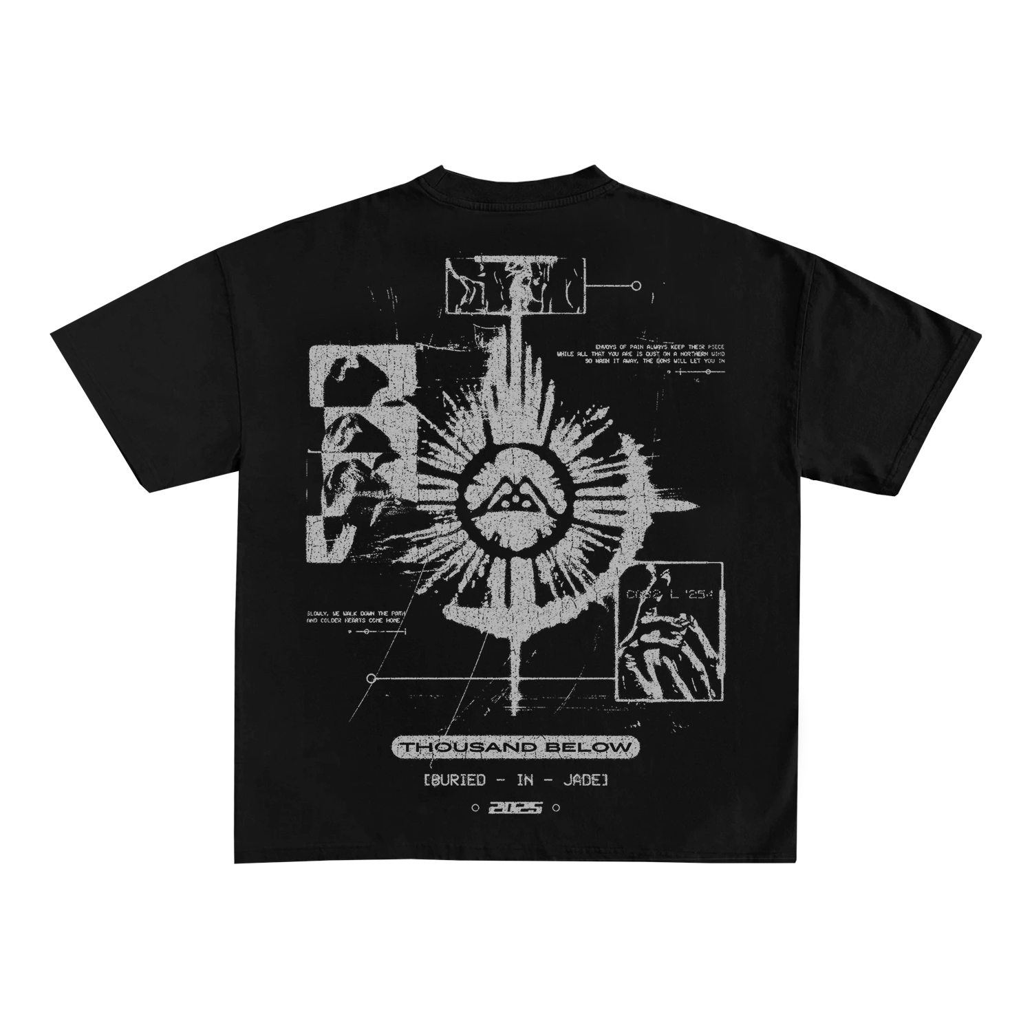 Thousand Below black t-shirt with abstract white graphics—geometric shapes, lines, a central emblem, small images, and “THOUSAND BELOW (BURIED IN – JUNE) 2023” at the bottom. High-quality ShakaWear. Presale item.