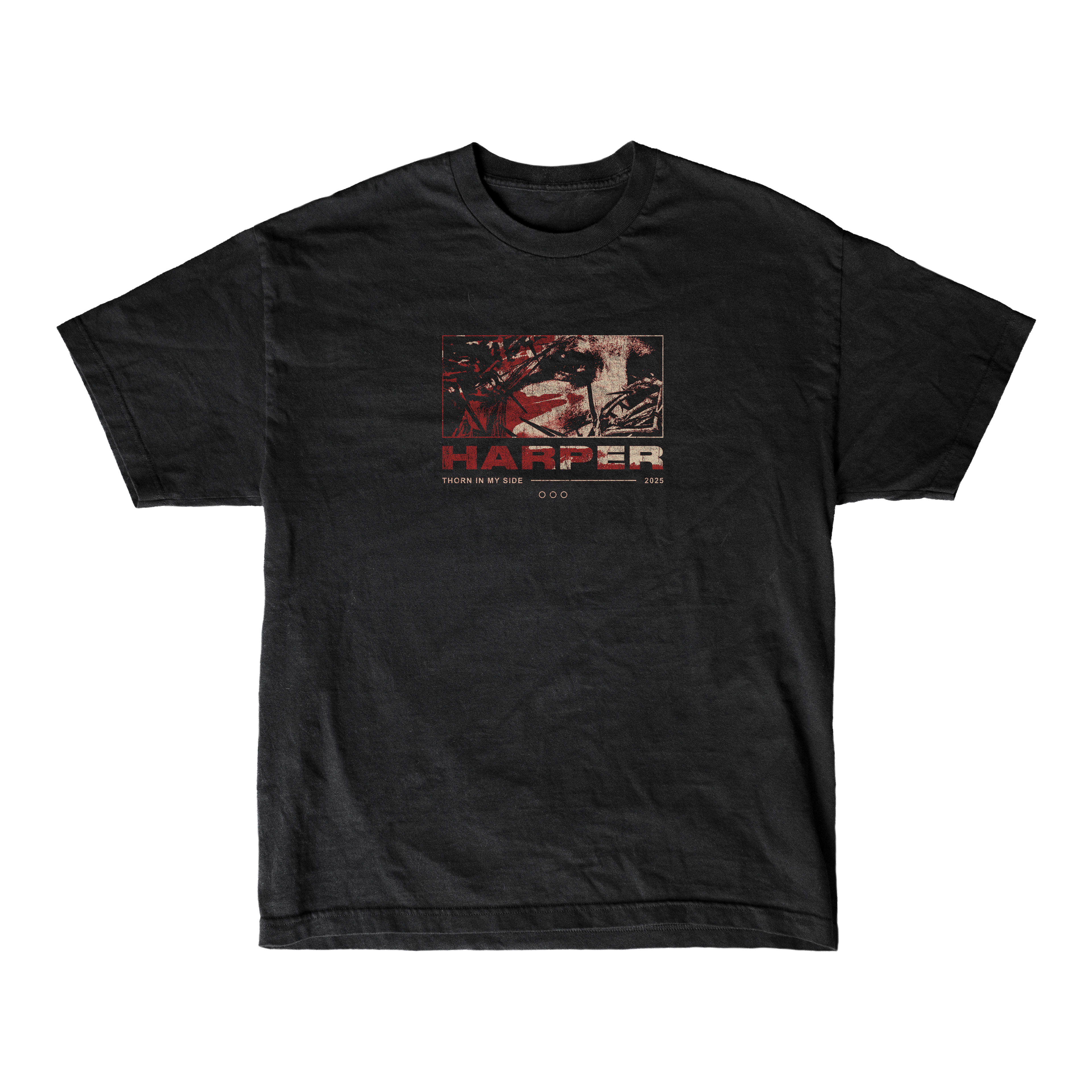 A black, relaxed-fit Harper T-shirt featuring a baseball player graphic with red accents, bold HARPER lettering, "TOGETHER 2023" text below, and made from soft ring-spun cotton for comfort.