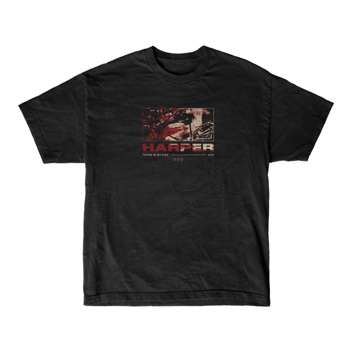 A black, relaxed-fit Harper T-shirt featuring a baseball player graphic with red accents, bold HARPER lettering, "TOGETHER 2023" text below, and made from soft ring-spun cotton for comfort.