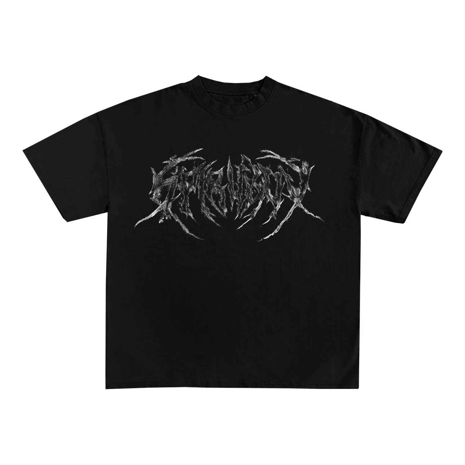 A black USA Cotton t-shirt by Spiritbox, showcasing an abstract metallic silver graphic with jagged edges across the chest—an edgy streetwear piece inspired by heavy metal band logos.