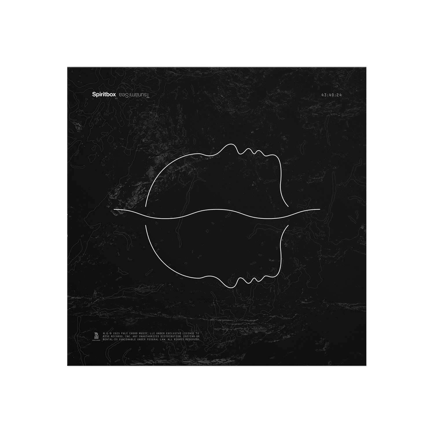 Minimalist black LP cover by Spiritbox features mirrored white face outlines overlapping at the lips, with map-like textures in the background. Spiritbox - Everythings Beautiful text. A striking addition to any black vinyl collection.