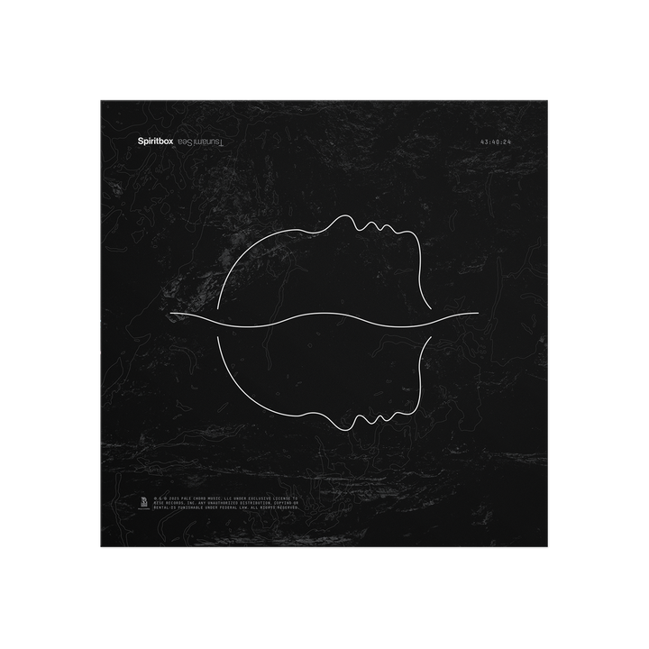 Minimalist black LP cover by Spiritbox features mirrored white face outlines overlapping at the lips, with map-like textures in the background. Spiritbox - Everythings Beautiful text. A striking addition to any black vinyl collection.