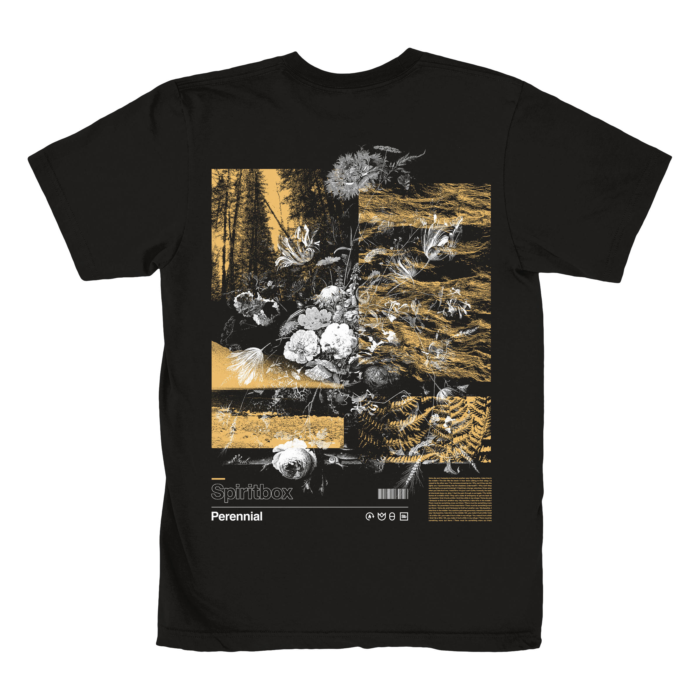 A black Spiritbox 3600 T-Shirt features a white and gold collage of floral, forest, and animal images. Made from soft combed ring-spun cotton, it displays Spiritbox and Perennial with icons and a barcode at the bottom.