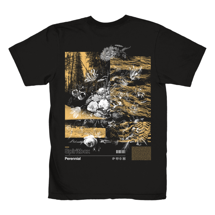 A black Spiritbox 3600 T-Shirt features a white and gold collage of floral, forest, and animal images. Made from soft combed ring-spun cotton, it displays Spiritbox and Perennial with icons and a barcode at the bottom.
