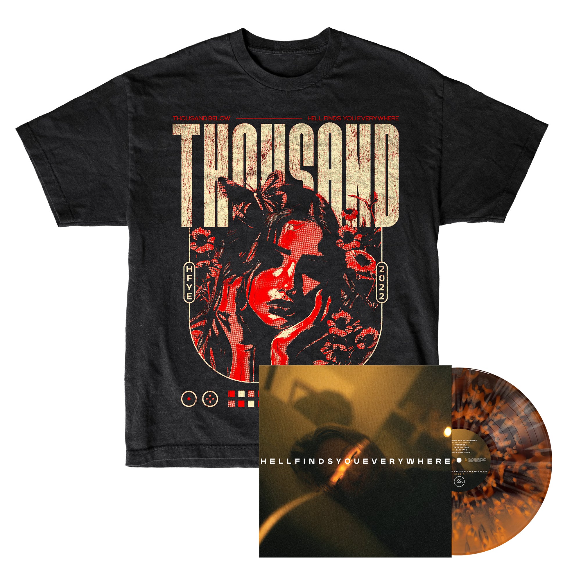 Black graphic t-shirt with a stylized portrait and text THOUSAND, plus a vinyl record with marbled brown pattern and a cover titled HELL FINDS YOU EVERYWHERE..