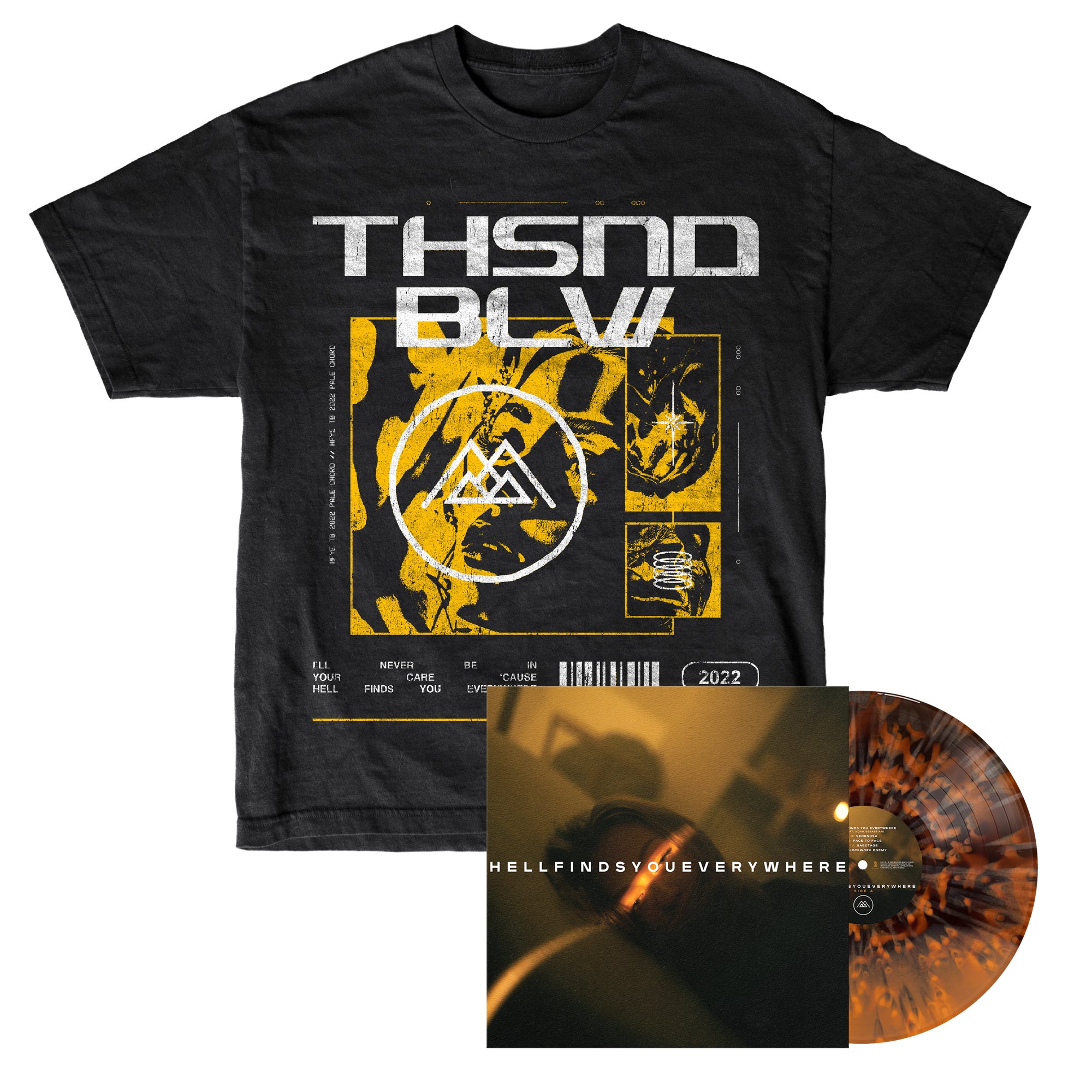 A black graphic tee with abstract designs and text, paired with a marbled brown vinyl record and an album cover showing blurred lights and the words HELL FINDS YOU EVERYWHERE..