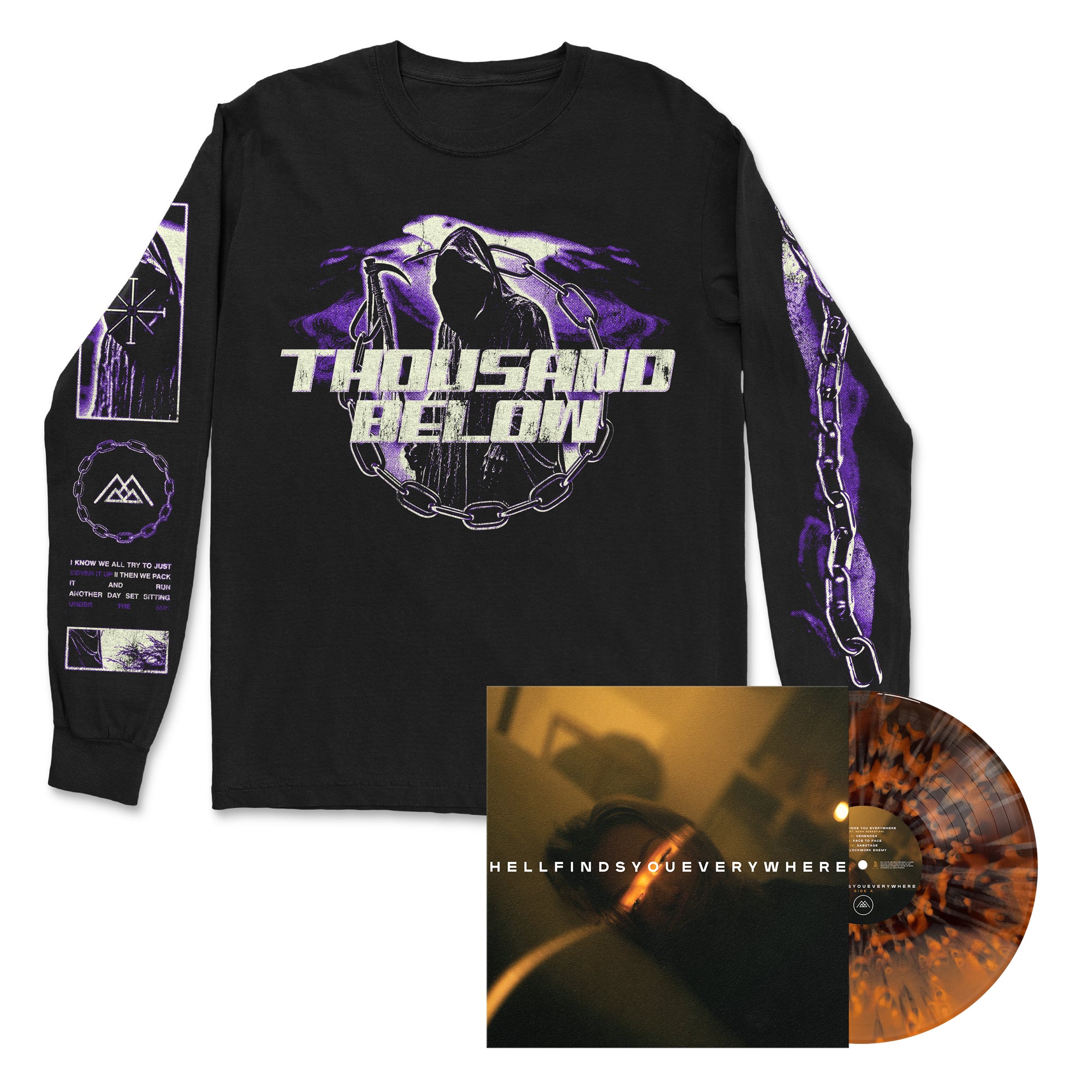 Black long-sleeve Thousand Below shirt with a hooded figure design, displayed beside a black-and-orange vinyl record and its square album cover reading HELLFINDSYOUEVERYWHERE..