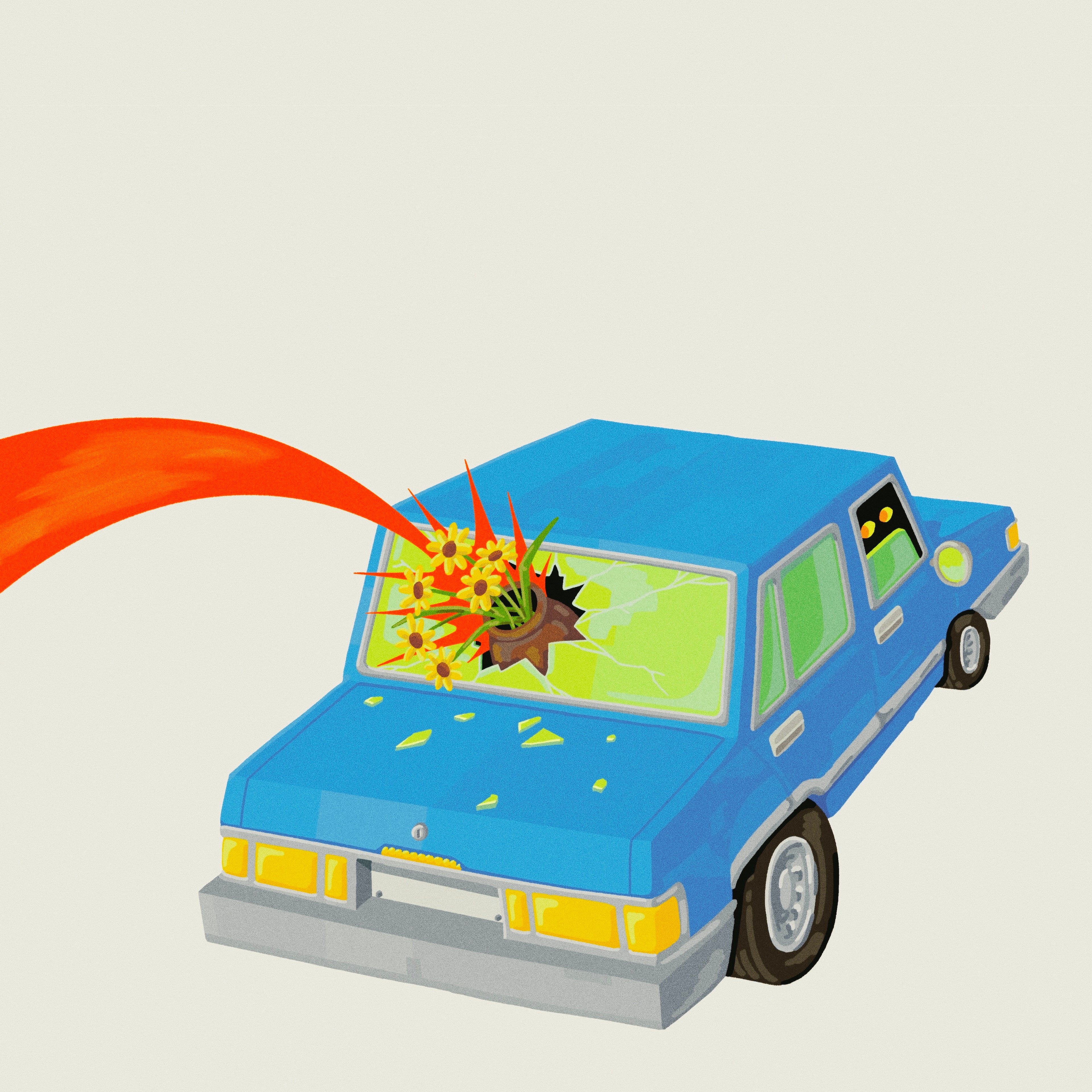 A cartoon blue car with shattered windows has a hole in its side, from which a bright red and yellow explosion shoots out. The car appears damaged, and a startled face is visible inside.