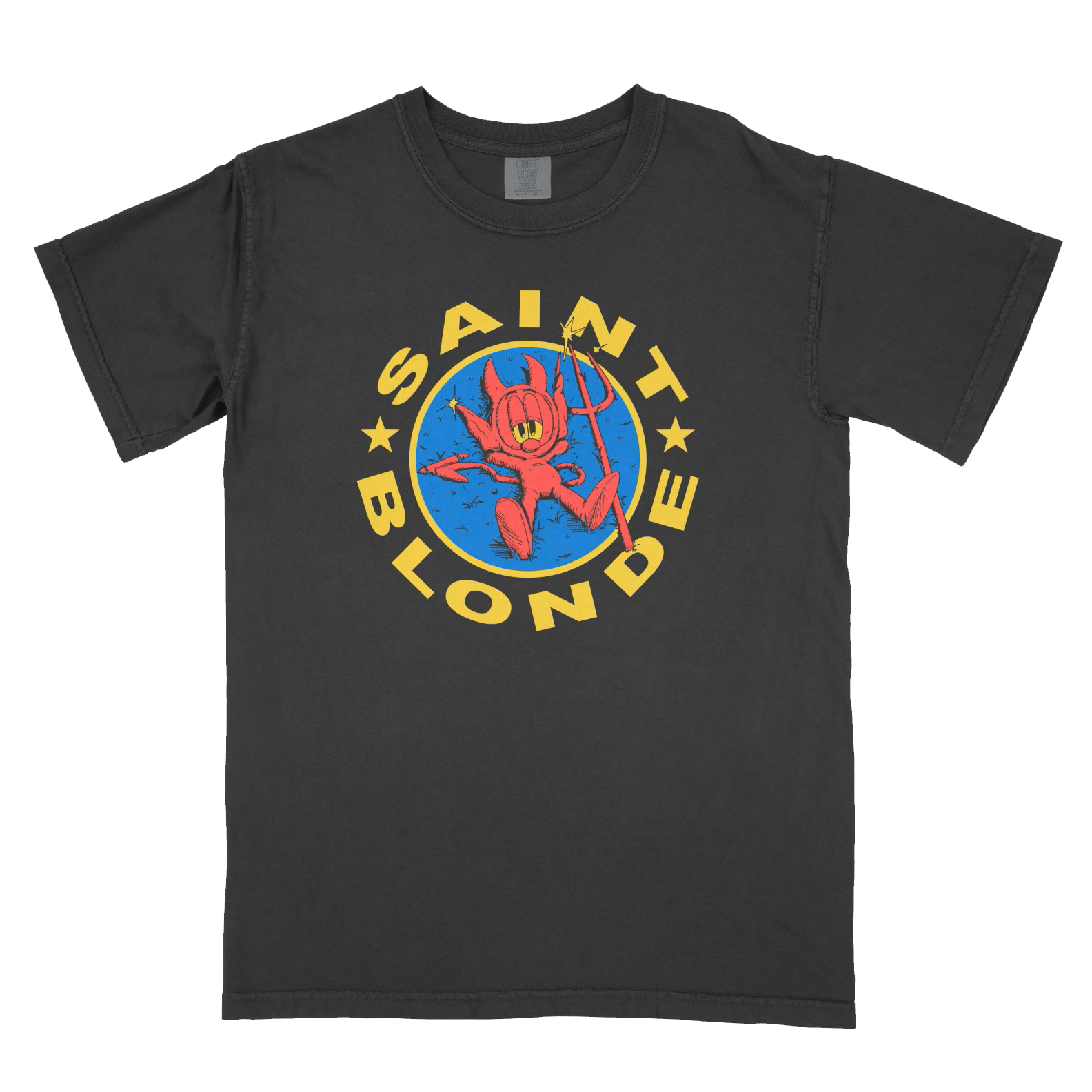 A black Saint Blonde t-shirt made of soft ring-spun cotton featuring a colorful red cartoon devil with a trident on a blue circle, yellow SAINT BLONDE text, and stars completing the design.