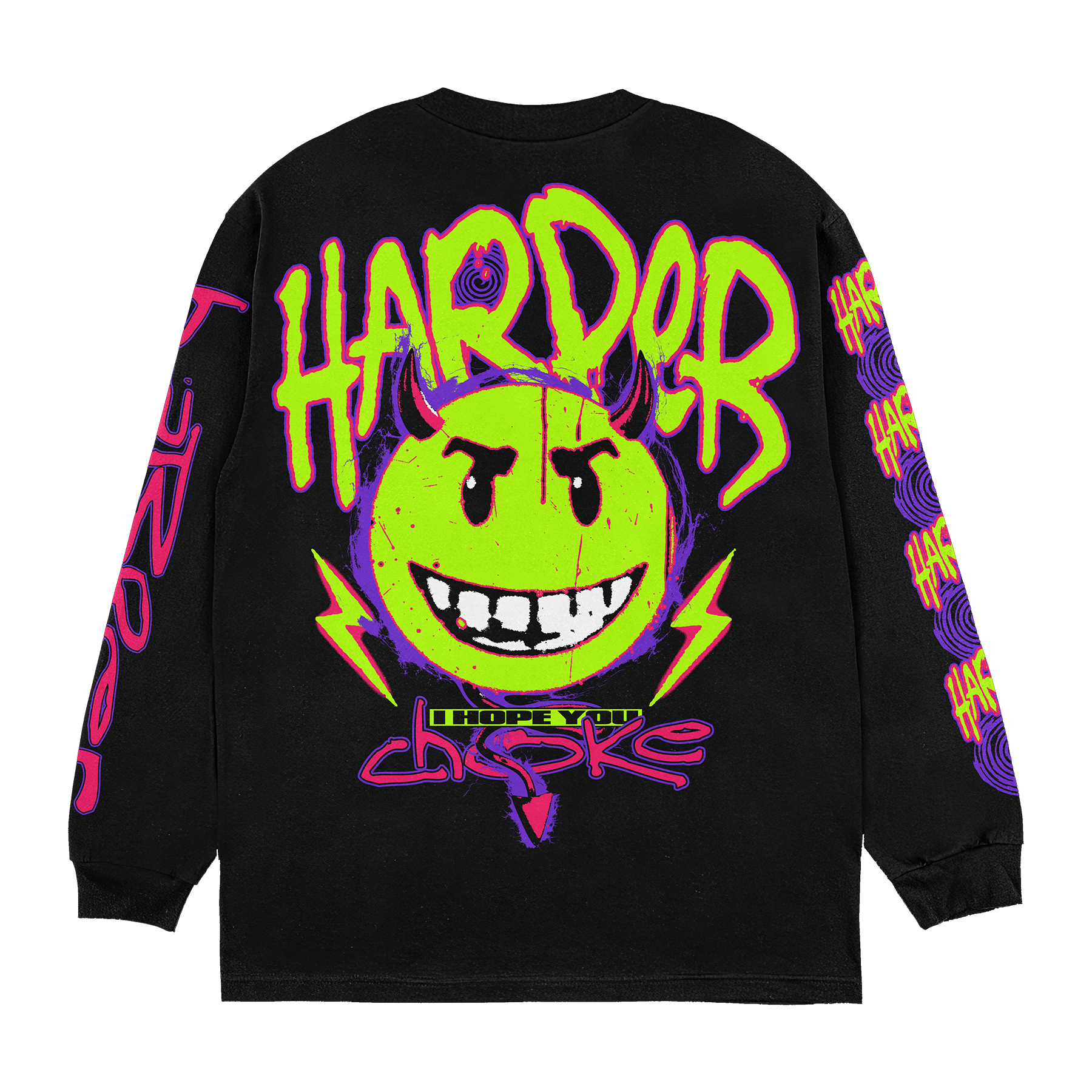 A black long sleeve shirt by Harper features a bold neon green, yellow, and purple grinning smiley face with lightning bolts and "HARDER" on the back. Vibrant graphics accent the sleeves. Made from soft ring-spun cotton.