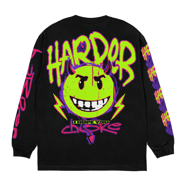 A black long sleeve shirt by Harper features a bold neon green, yellow, and purple grinning smiley face with lightning bolts and "HARDER" on the back. Vibrant graphics accent the sleeves. Made from soft ring-spun cotton.
