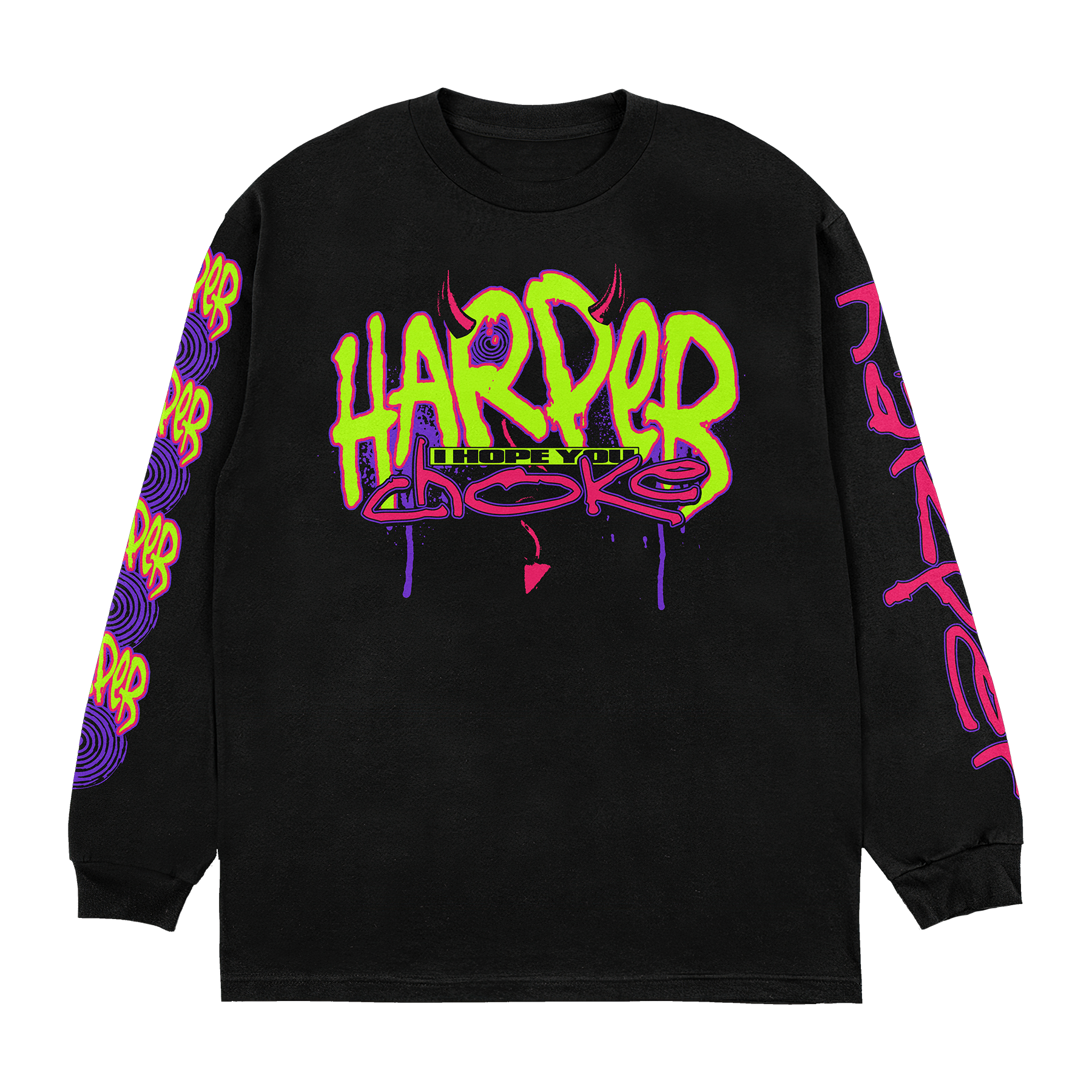 Harper black long-sleeve shirt crafted from soft ring-spun cotton features bold neon green and purple HARDER CHOKE graphic with devil horns and drips, plus repeated HARDER prints in yellow and purple down both sleeves. Next Level Apparel quality.