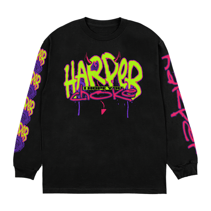 Harper black long-sleeve shirt crafted from soft ring-spun cotton features bold neon green and purple HARDER CHOKE graphic with devil horns and drips, plus repeated HARDER prints in yellow and purple down both sleeves. Next Level Apparel quality.