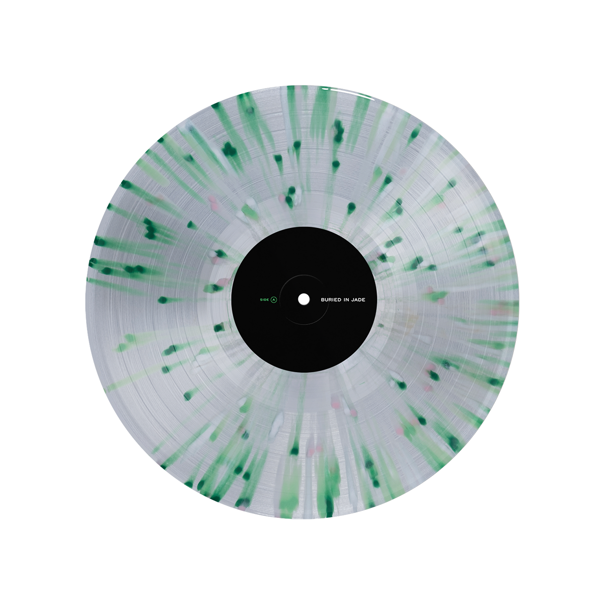 A clear Splatter Vinyl LP from Thousand Below features green and black patterns radiating from the center and a black label with minimal white and green text. The Kerosene-hued vinyl is shown on a white background.