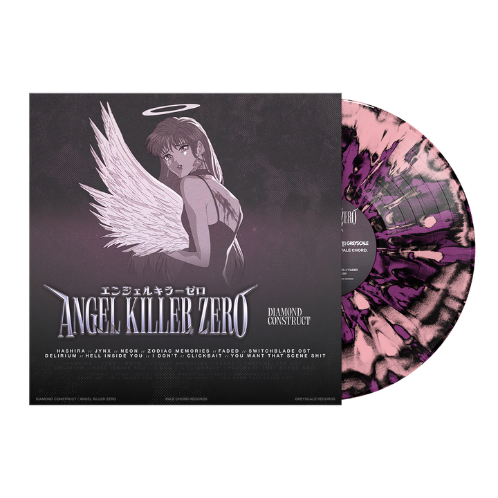 Limited edition Vinyl LP from Diamond Construct with a purple and black splatter design. The cover shows an anime-style angel girl with glowing eyes and halo. Title: Angel Killer Zero.