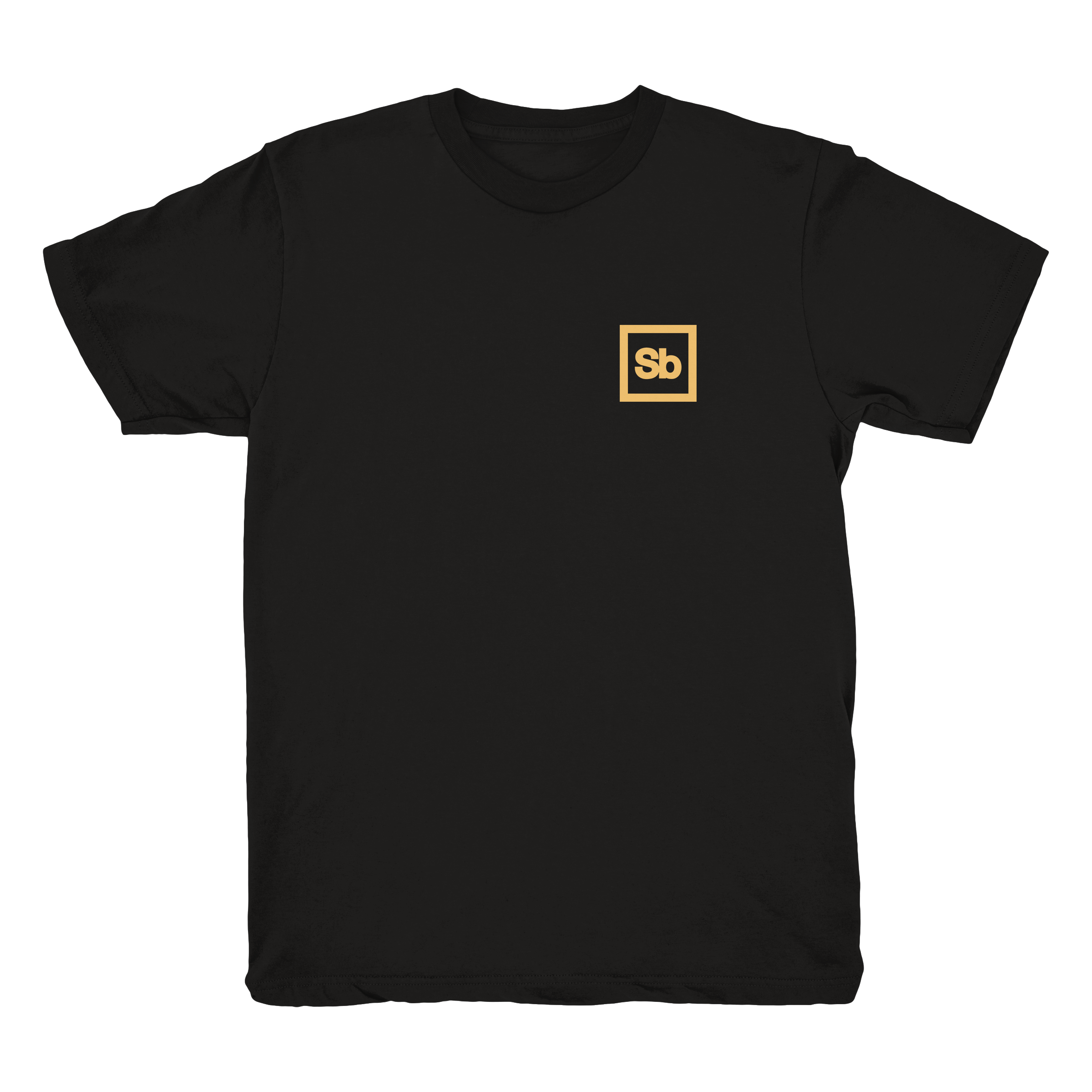 A black 3600 T-Shirt by Spiritbox, made from soft combed ring-spun cotton, features a small gold square logo with bold “Sb” lettering on the left chest.