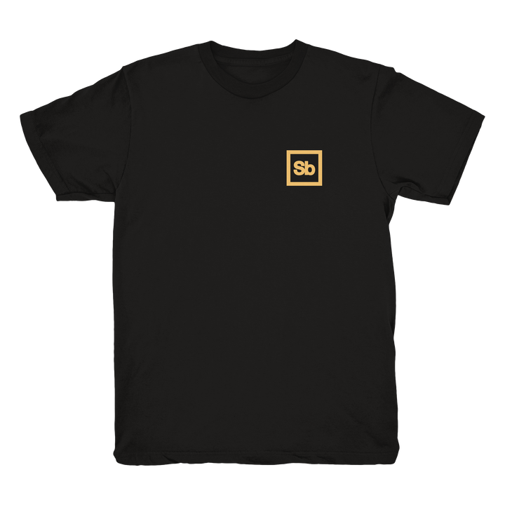 A black 3600 T-Shirt by Spiritbox, made from soft combed ring-spun cotton, features a small gold square logo with bold “Sb” lettering on the left chest.