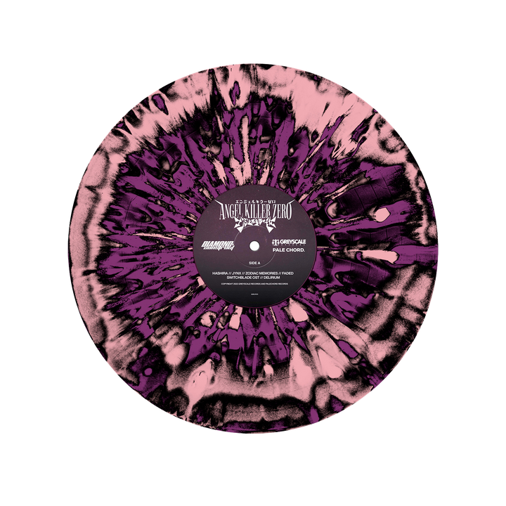 A limited edition marbled vinyl LP in black, pink, and purple by Diamond Construct. The center label reads Angel Killer Zero. Its dynamic splash-like design makes this Angel Killer release stand out.