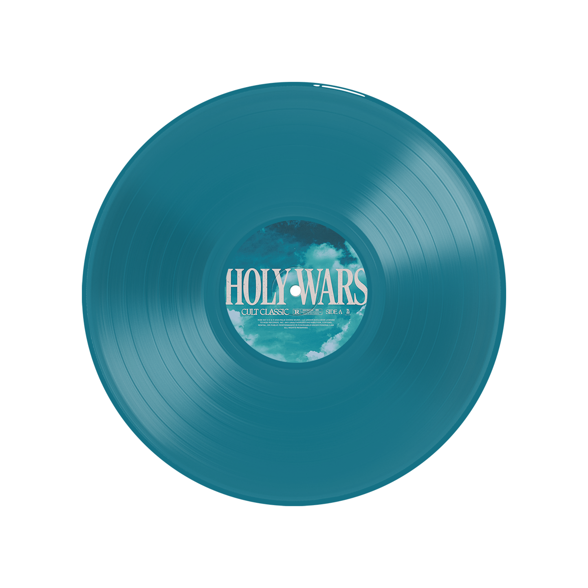 A limited edition aqua vinyl record from Holy Wars features sky and clouds center artwork on a white background—a true cult classic collectible.
