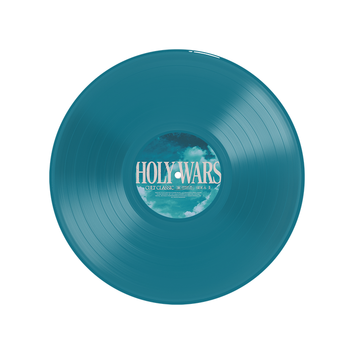 A limited edition aqua vinyl record from Holy Wars features sky and clouds center artwork on a white background—a true cult classic collectible.