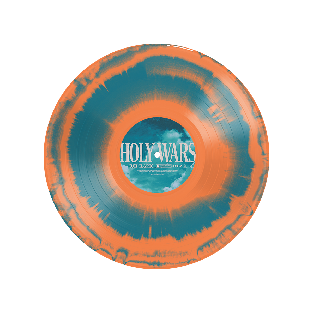 A limited edition Holy Wars Tangerine Aqua Smash Vinyl features a vibrant orange and teal splatter. The label reads HOLY WARS above stylized clouds, inspired by the CULT CLASSIC BODY collection, set against a plain white background.