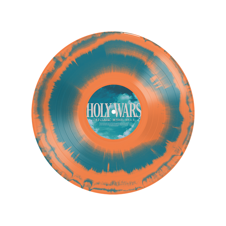 A limited edition Holy Wars Tangerine Aqua Smash Vinyl features a vibrant orange and teal splatter. The label reads HOLY WARS above stylized clouds, inspired by the CULT CLASSIC BODY collection, set against a plain white background.