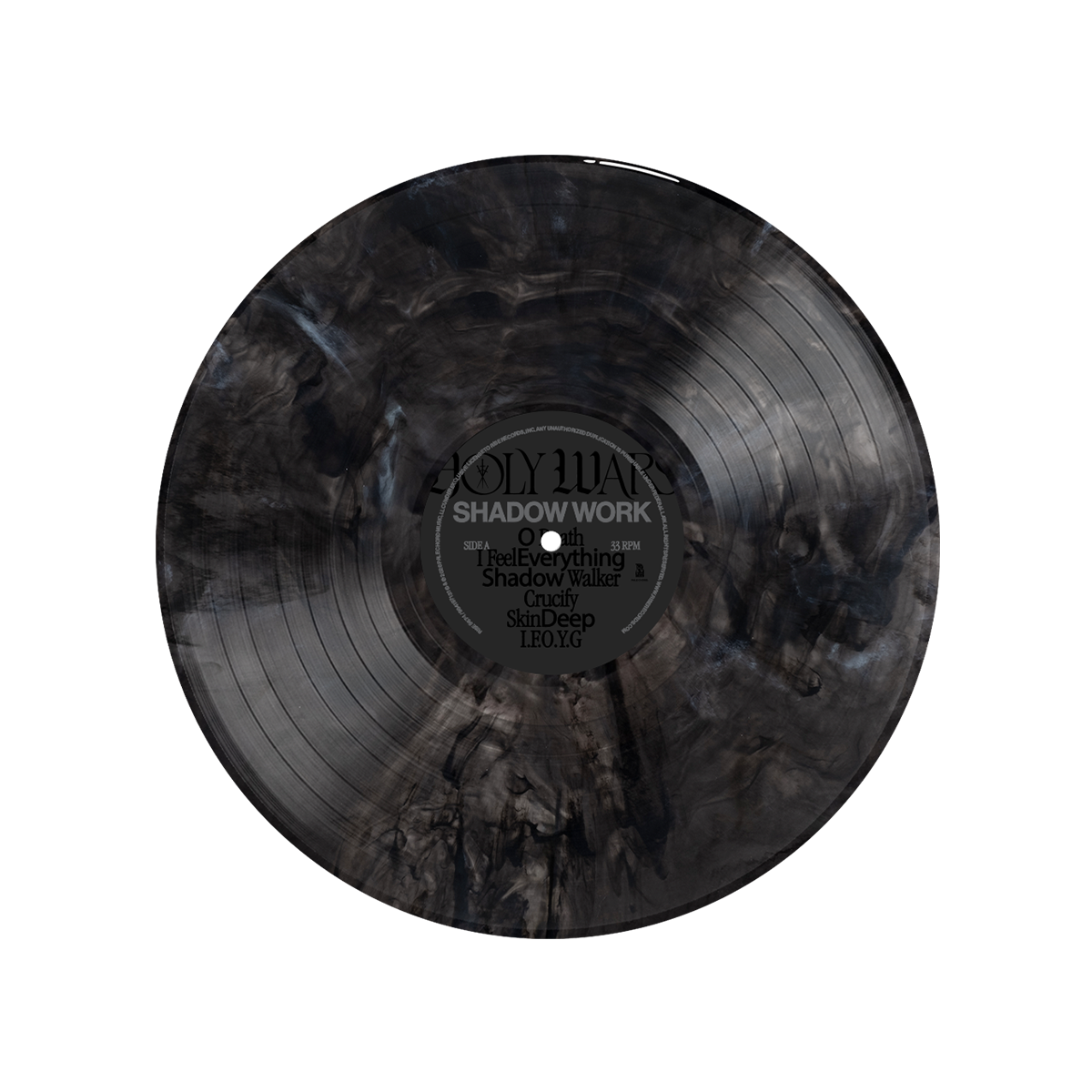 The Holy Wars limited edition black and gray marbled vinyl features their album Shadow Work. The center label lists tracks such as Feel Everything, Shadow Walker, Cruelty, and Skin Deep.