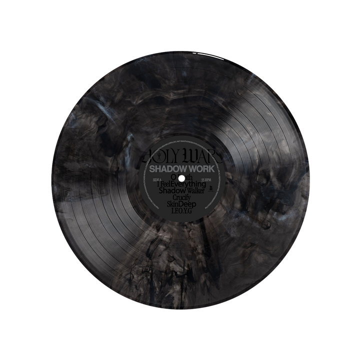 The Holy Wars limited edition black and gray marbled vinyl features their album Shadow Work. The center label lists tracks such as Feel Everything, Shadow Walker, Cruelty, and Skin Deep.