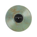 A translucent marbled vinyl by Holy Wars with green and orange swirls, titled Shadow Work/Light Work LP. Features track list and album info clearly printed on the black center label.