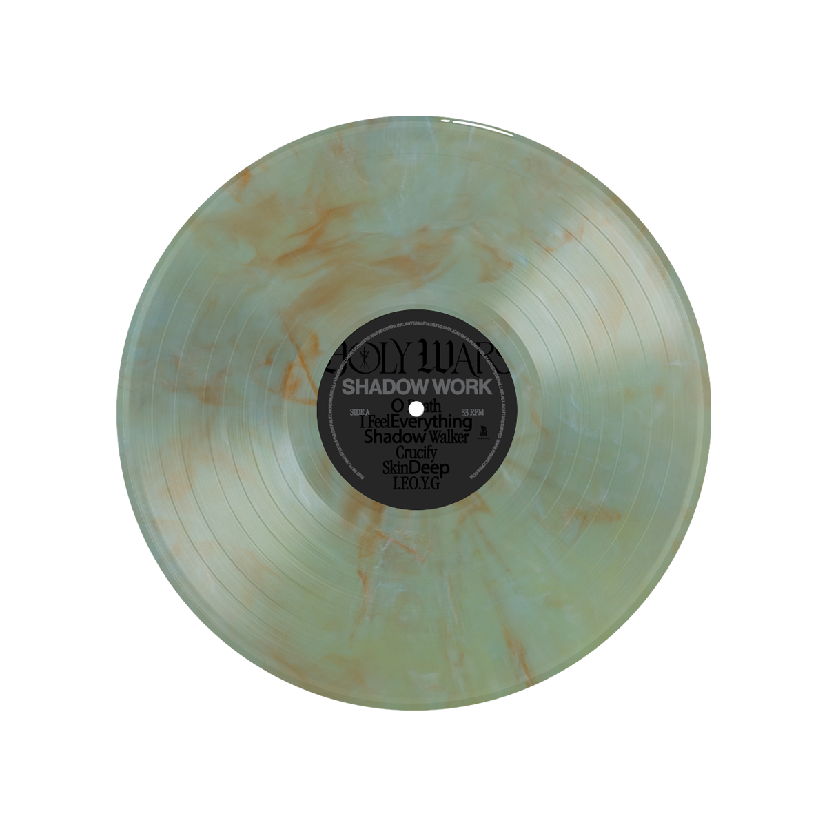 A translucent marbled vinyl by Holy Wars with green and orange swirls, titled Shadow Work/Light Work LP. Features track list and album info clearly printed on the black center label.