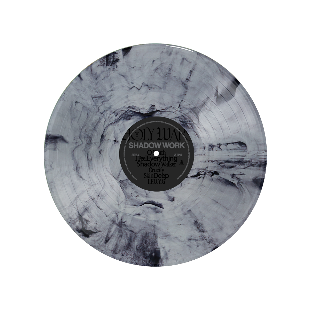 A limited edition marbled black and grey Holy Wars vinyl features the Shadow Work/Light Work LP. The label reads "Holy Wars - Shadow Work," with a white-on-black tracklist and a swirling, smoky pattern at the center.