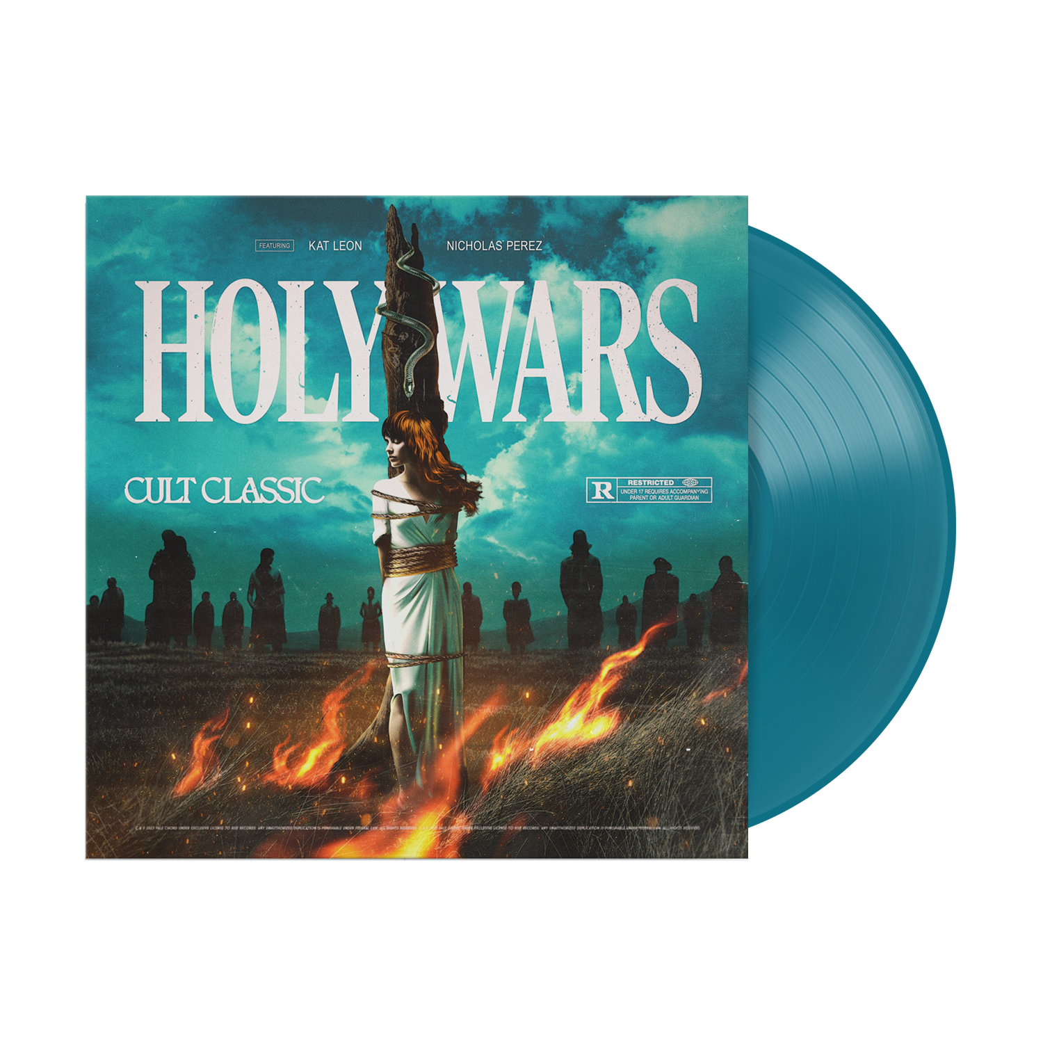 A limited edition aqua vinyl from Holy Wars, featuring a cover of a woman tied to a stake amid flames, shadowy figures behind her, and text reading "Holy Wars," "Cult Classic," plus an R rating.