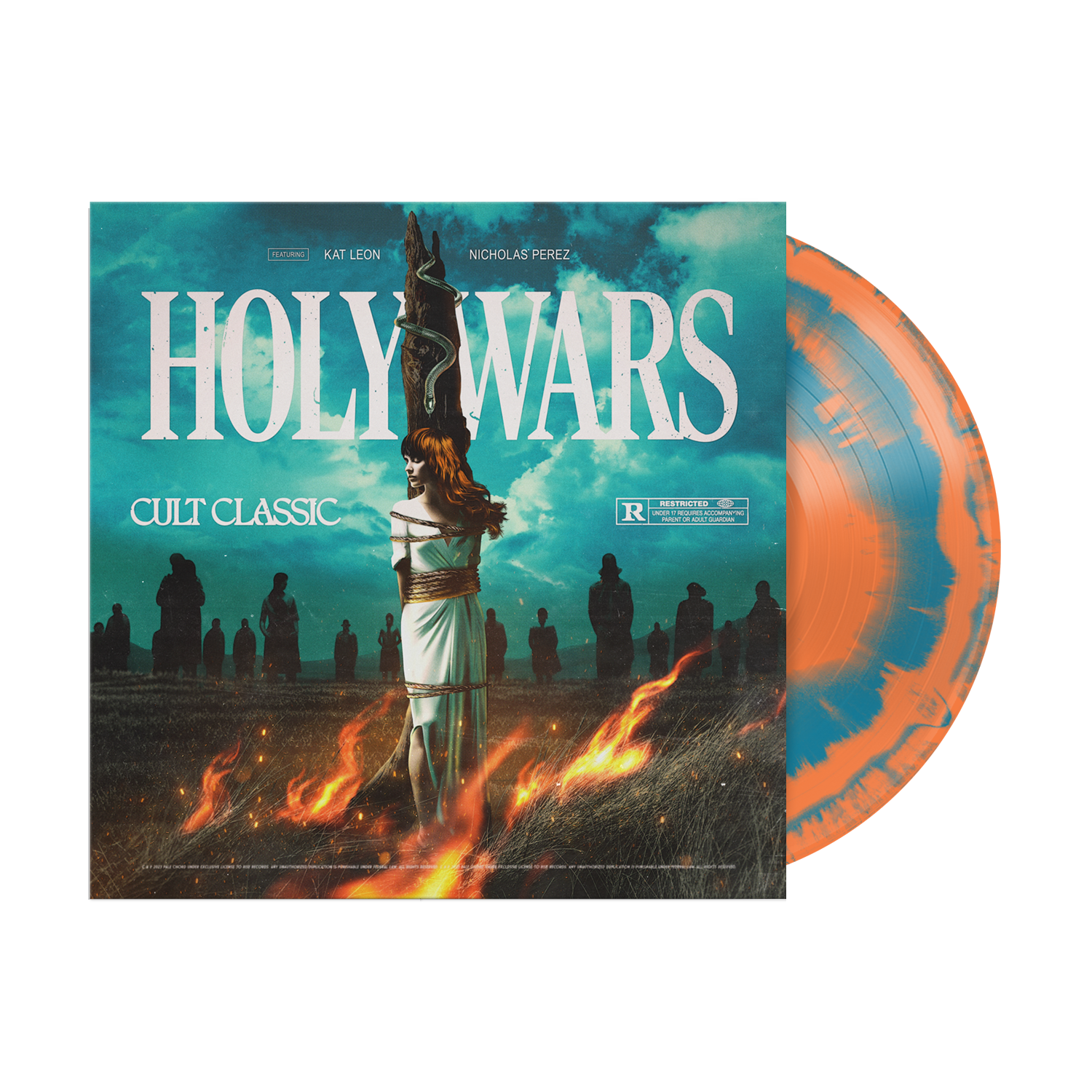Holy Wars Limited Edition Tangerine Aqua Vinyl with orange and blue splatter. Cover art: a woman tied to a stake, cloaked figures around her, and HOLY WARS: CULT CLASSIC in bold white letters.