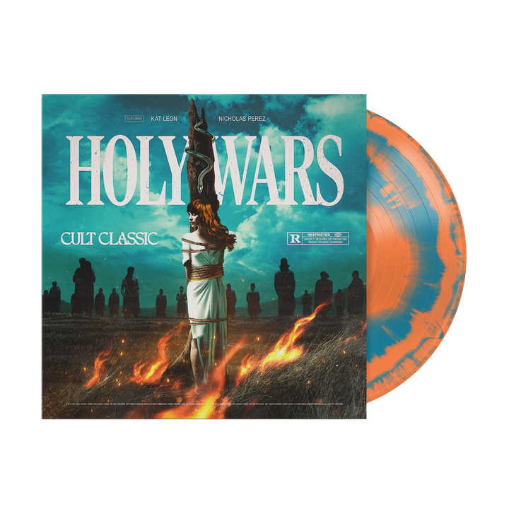 Holy Wars Limited Edition Tangerine Aqua Vinyl with orange and blue splatter. Cover art: a woman tied to a stake, cloaked figures around her, and HOLY WARS: CULT CLASSIC in bold white letters.
