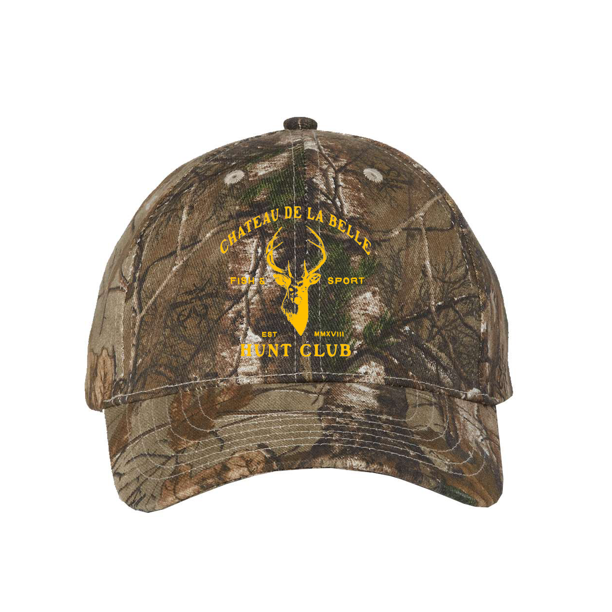Kati Realtree Xtra camo dad hat with a yellow logo featuring a deer silhouette and the text Chateau de la Belle Hunt Club, Est MMXVIII.