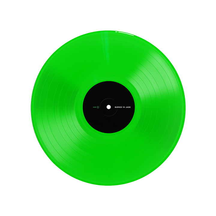 A bright neon green vinyl LP by Thousand Below with a black center label, viewed from above on a white background.
