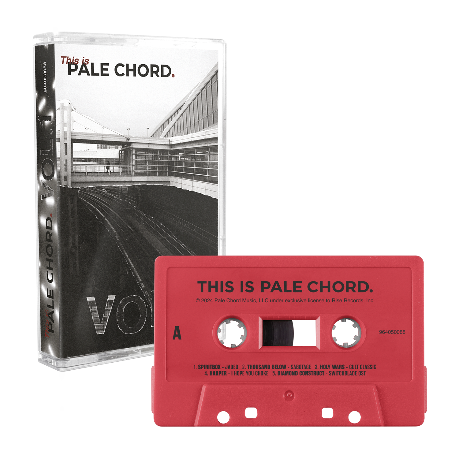A red cassette labeled This Is Pale Chord from Pale Chord Music sits before its case, which displays a modern black-and-white building, the title, part of the tracklist, and names like Spiritbox and Thousand Below.