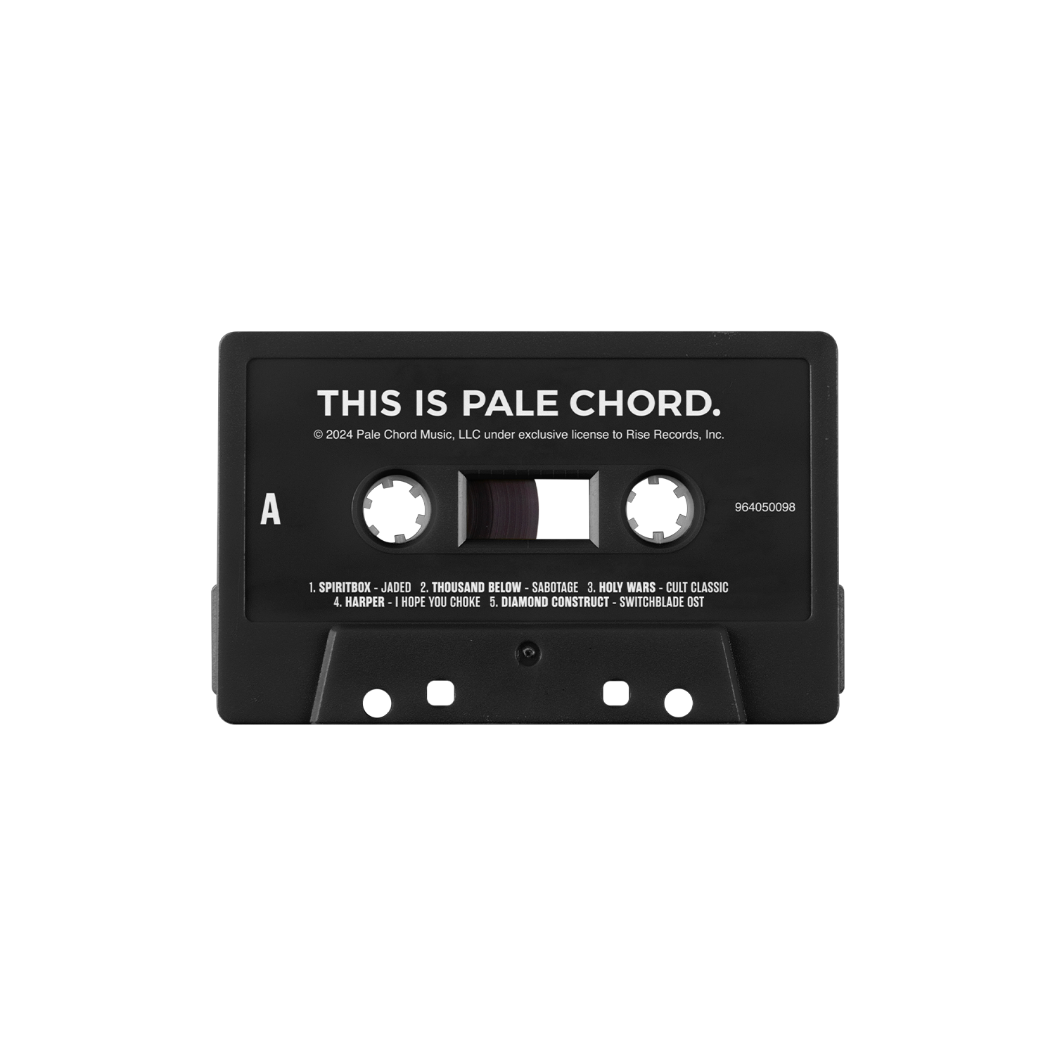 A black audio cassette labeled "THIS IS PALE CHORD" from Pale Chord Music features Spiritbox on Side A with eight song titles in white text. Clear windows show the brown tape inside, and it’s set against a plain white background.