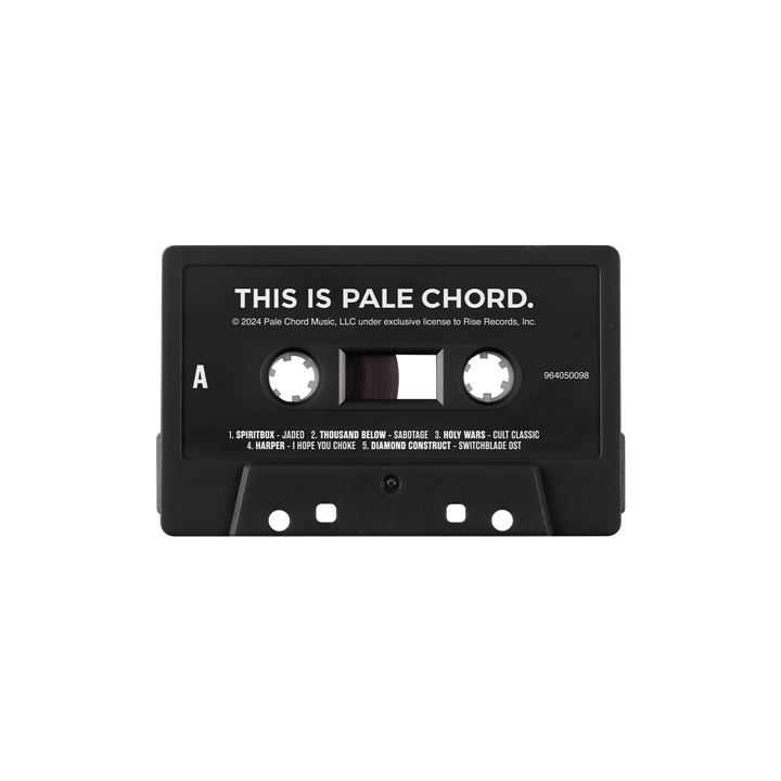 A black audio cassette labeled "THIS IS PALE CHORD" from Pale Chord Music features Spiritbox on Side A with eight song titles in white text. Clear windows show the brown tape inside, and it’s set against a plain white background.