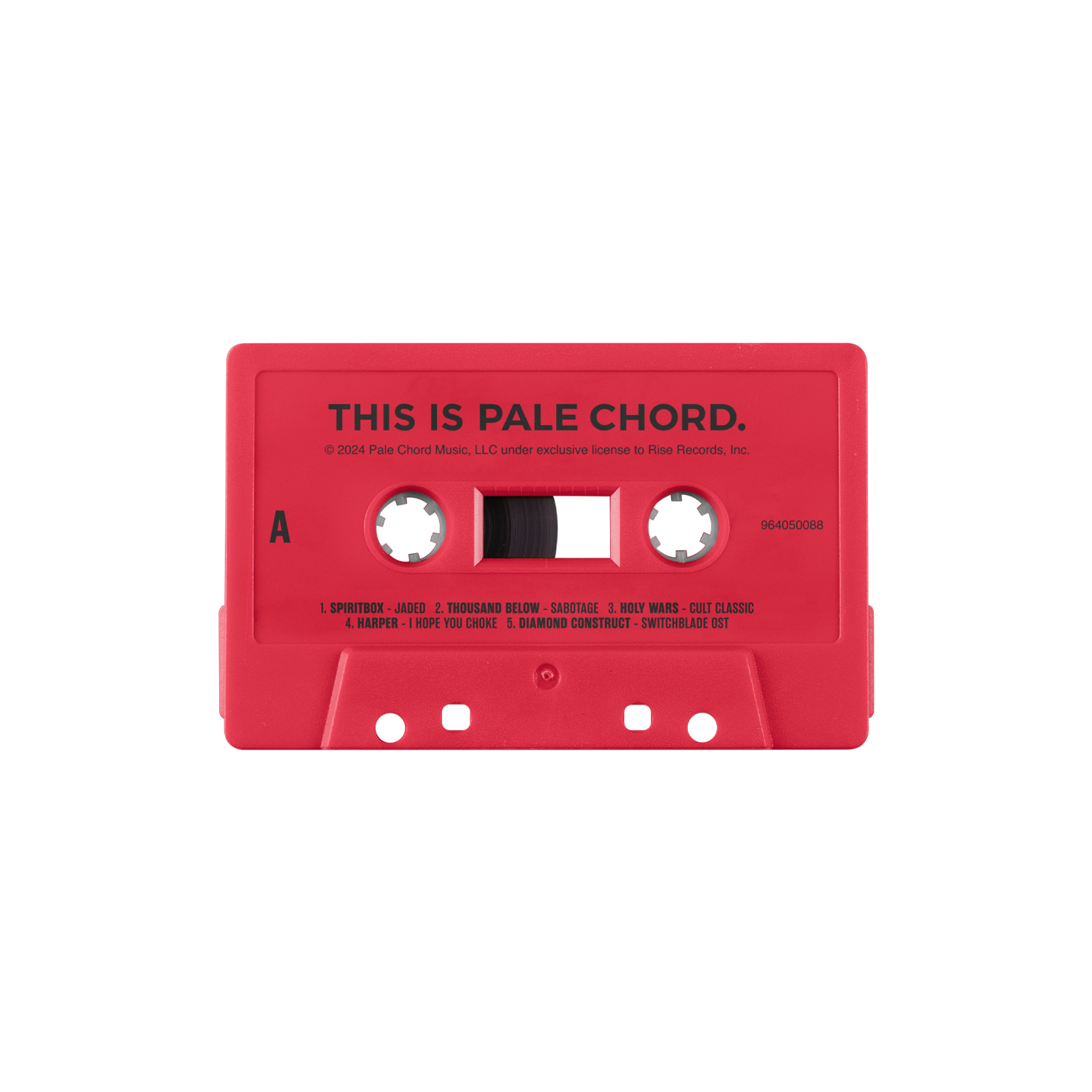 A red audio cassette from Pale Chord Music, labeled THIS IS PALE CHORD and featuring Spiritbox, displays Side A tracklist and copyright info in black above the window. This LIMITED PRESSING stands out on a plain light gray background.