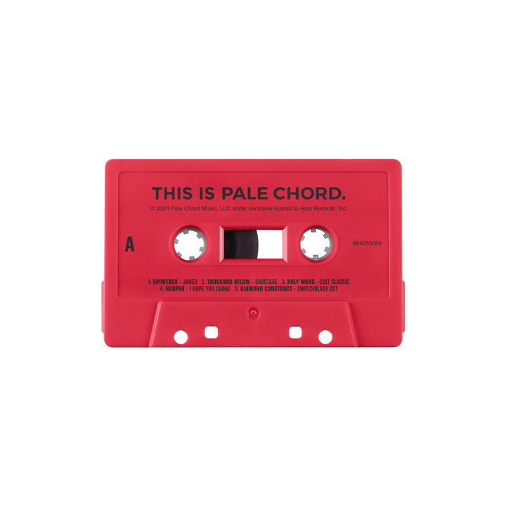 A red audio cassette from Pale Chord Music, labeled THIS IS PALE CHORD and featuring Spiritbox, displays Side A tracklist and copyright info in black above the window. This LIMITED PRESSING stands out on a plain light gray background.