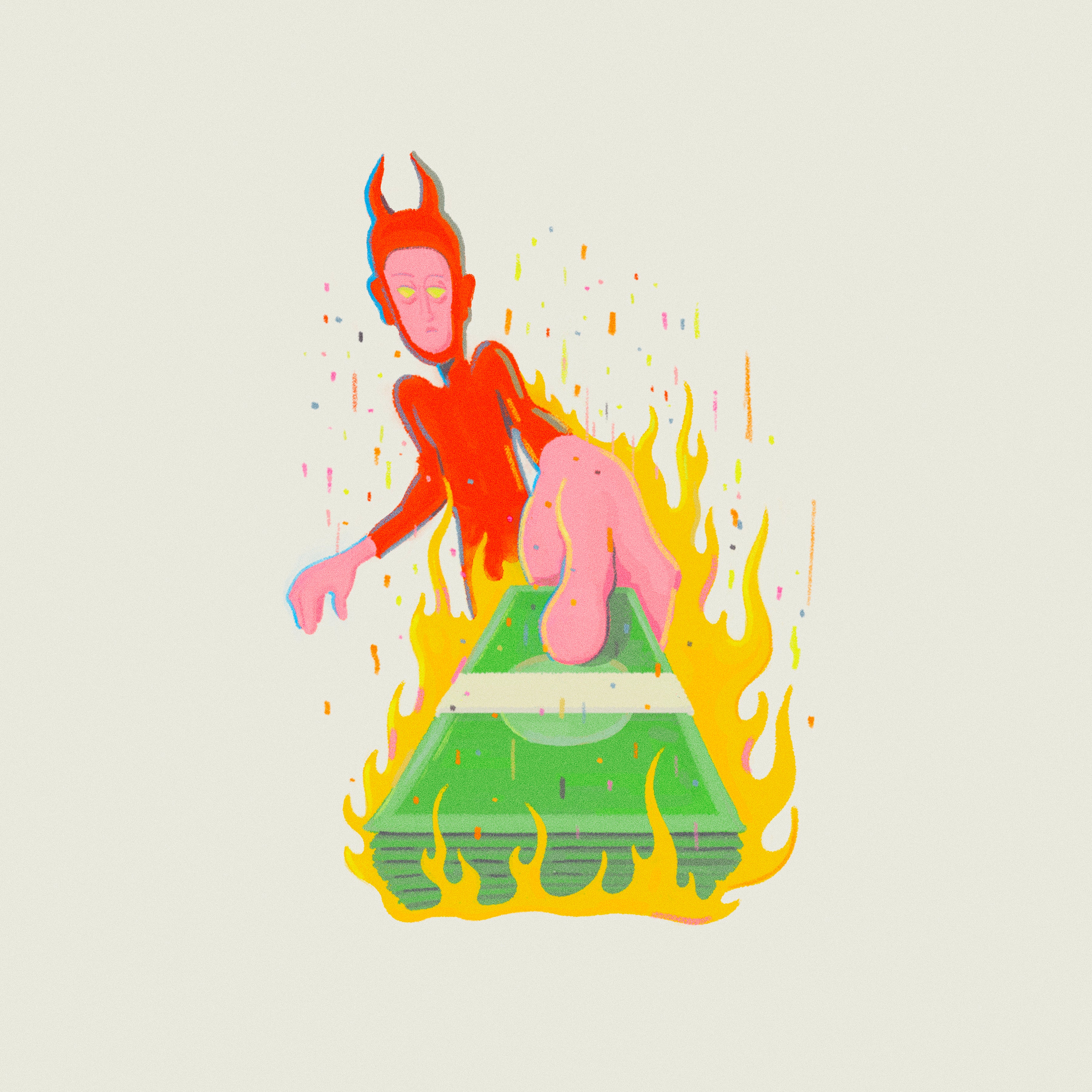 A red, horned demon figure sits atop a stack of green money surrounded by yellow flames against a light background. Colorful dots and lines accent the scene.