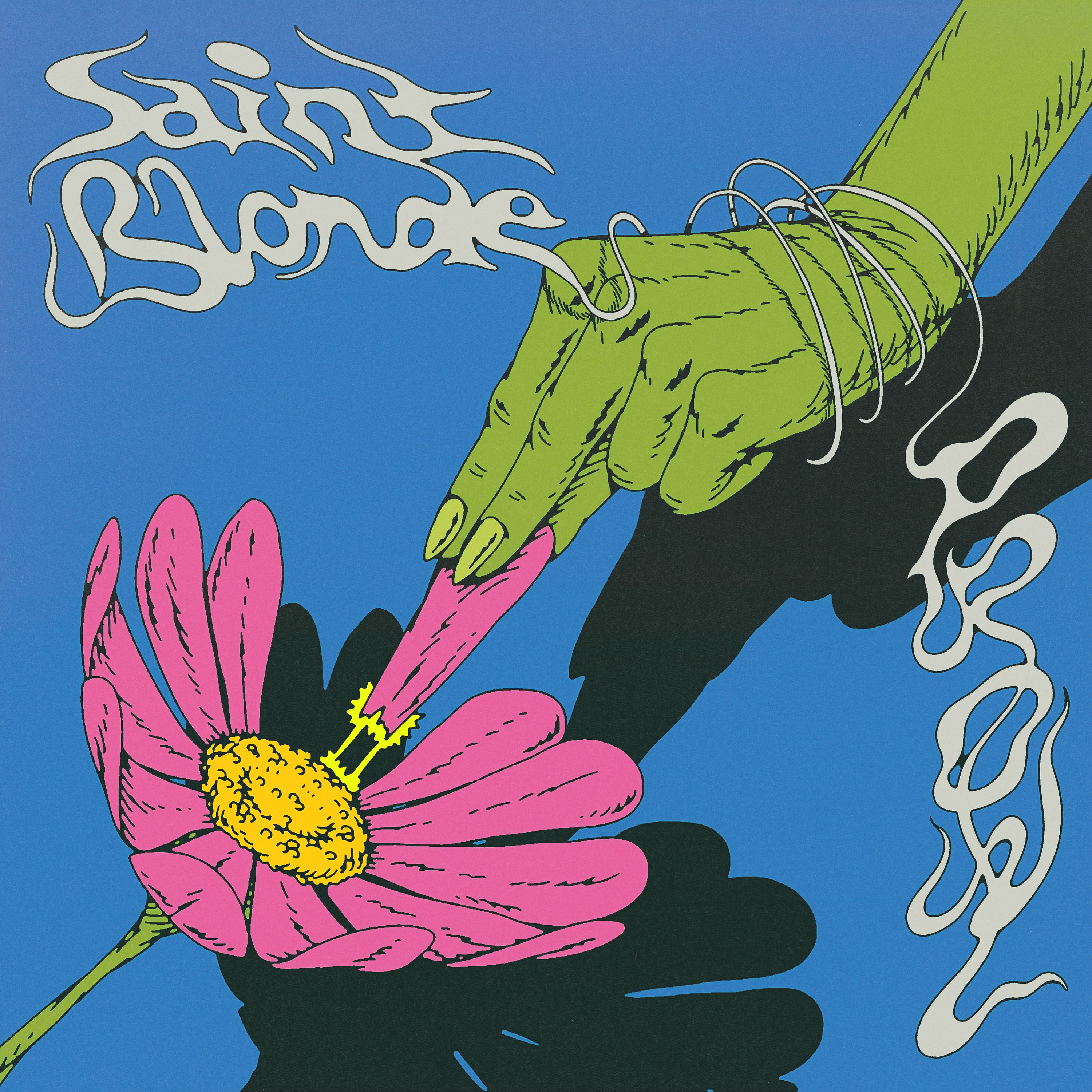 A green hand with long nails and silver bangles touches a pink daisy, sending a yellow spark to its center. Saint Blonde is written in wavy text at the top left on a blue background.