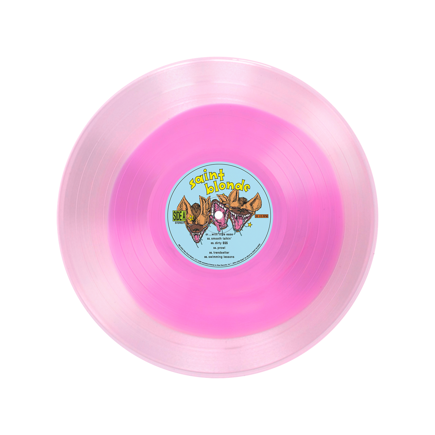 A translucent two-tone pink vinyl LP by Saint Blonde with a blue center label featuring illustrated animal faces, the brand name, and song titles along with side info.