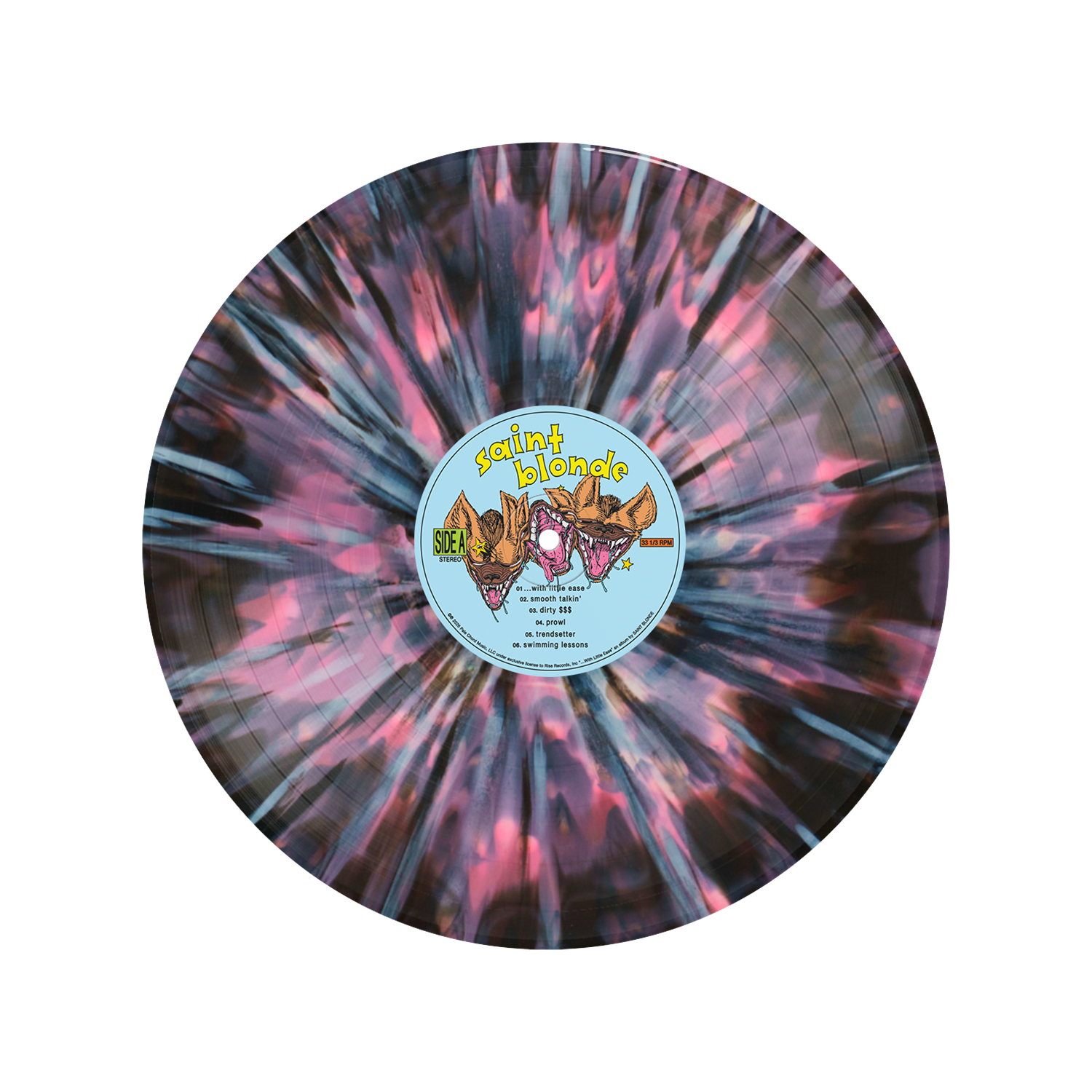 The Saint Blonde Starburst Vinyl LP showcases a marbled black, pink, and blue splatter with a light blue center label featuring cartoon wolf heads and song titles. Available now for presale.